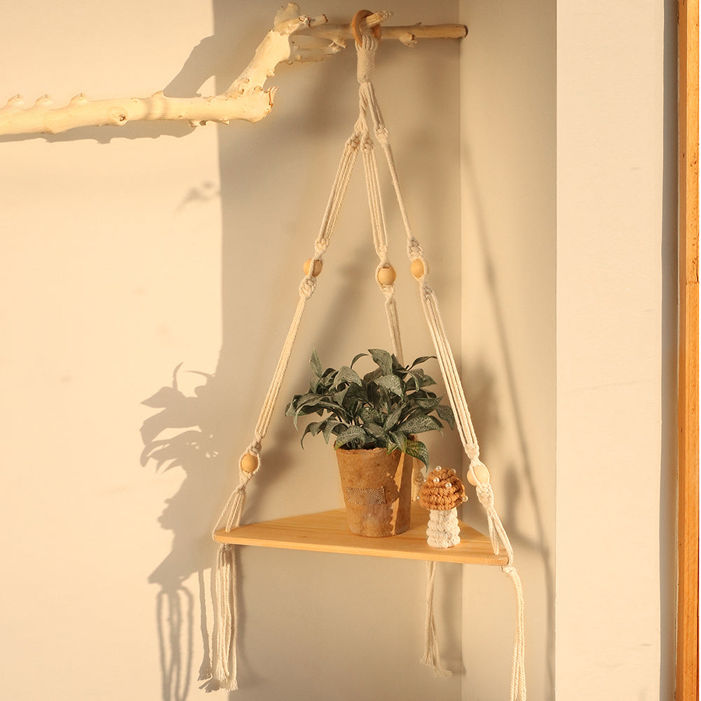 Macrame Wall Shelf — handcrafted reclaimed wood &amp; lace cord, boho rustic floating shelf for plants &amp; decor — Azurra Shop