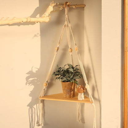 Macrame Wall Shelf — handcrafted reclaimed wood &amp; lace cord, boho rustic floating shelf for plants &amp; decor — Azurra Shop
