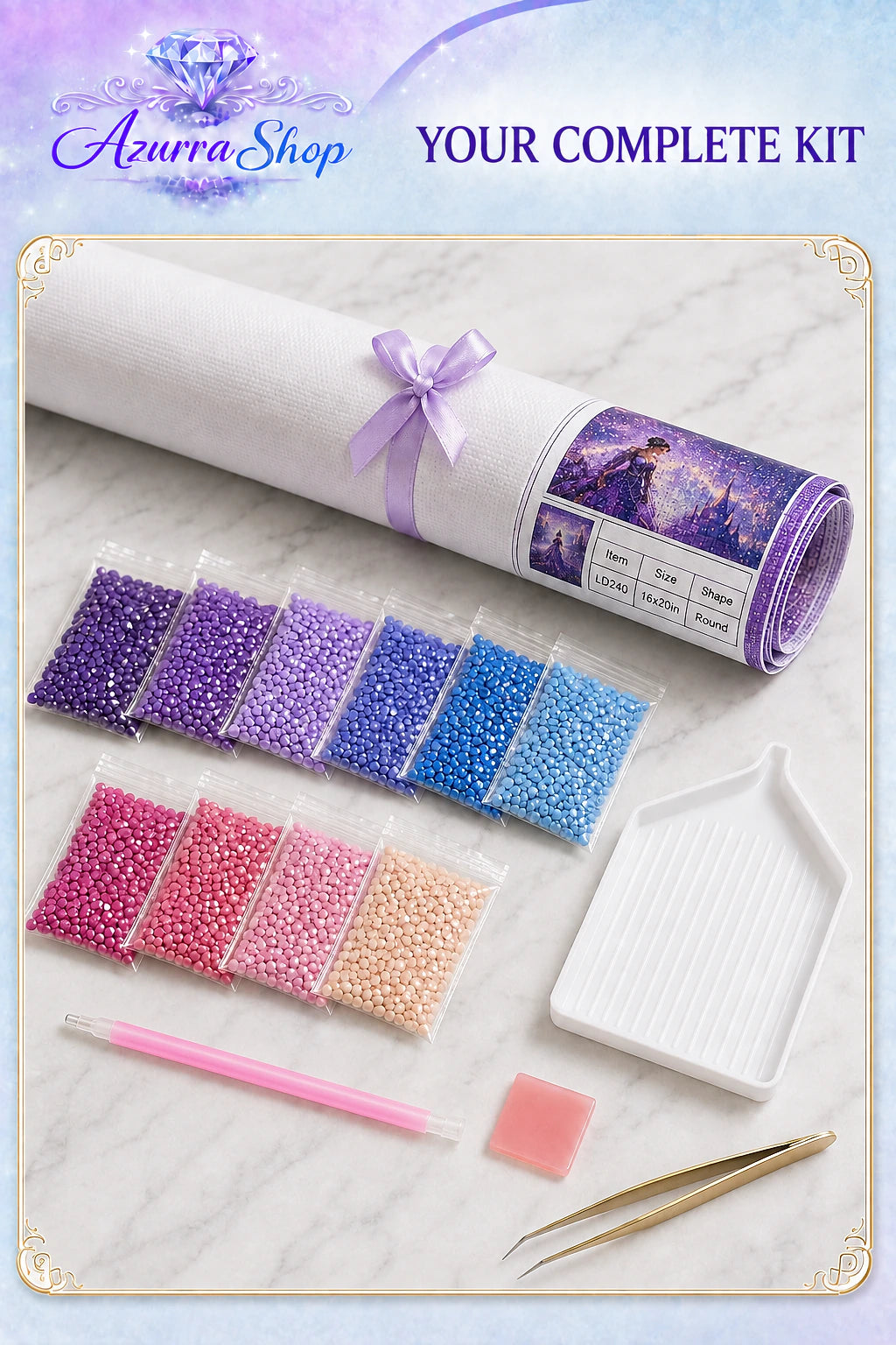 Diamond painting supplies flat lay for Her Reflection Has Wings — Azurra Shop