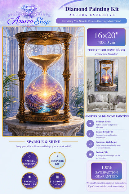 The Dawn Inside the Hourglass Azurra Exclusive 5D diamond painting kit detail and 16X20 size guide