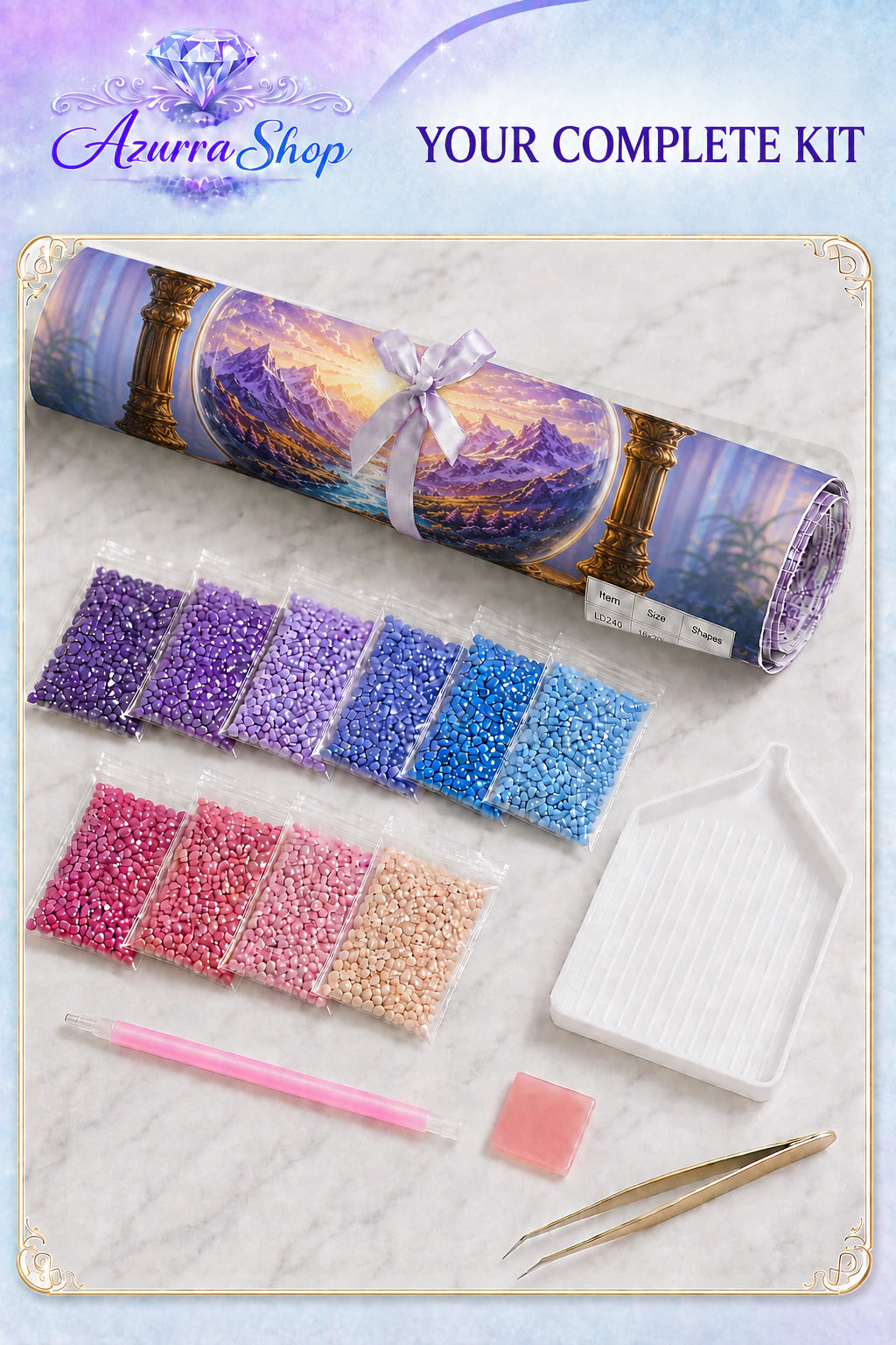 Supplies included with The Dawn Inside the Hourglass Azurra Exclusive 5D diamond painting kit