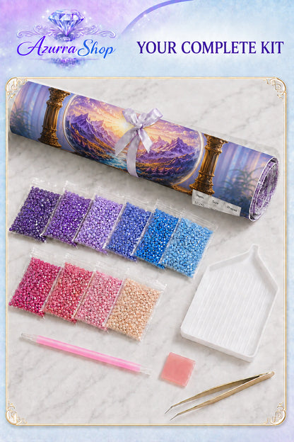 Supplies included with The Dawn Inside the Hourglass Azurra Exclusive 5D diamond painting kit