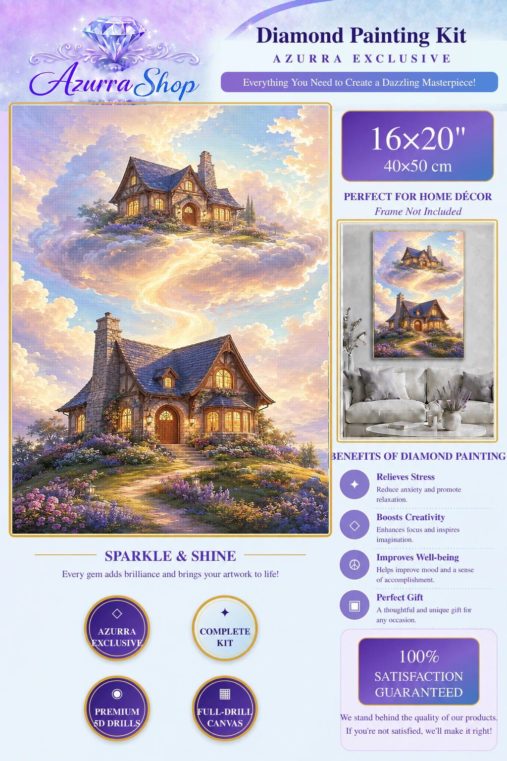 The House in the Clouds Azurra Exclusive 5D diamond painting kit detail and 16X20 size guide