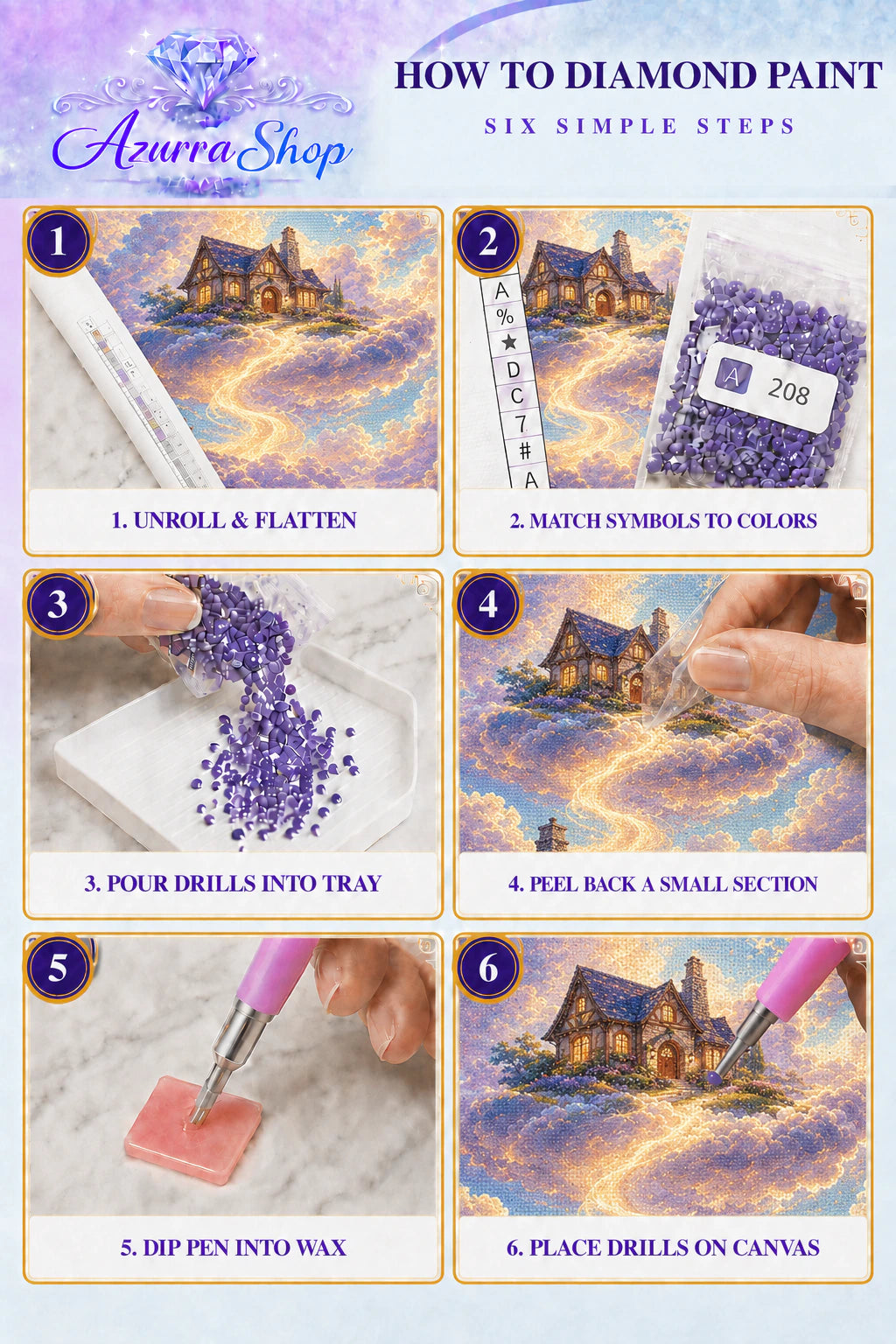 Diamond painting steps for The House in the Clouds Azurra Exclusive 5D kit