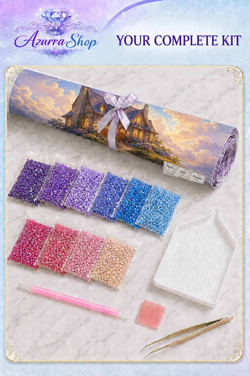 Supplies included with The House in the Clouds Azurra Exclusive 5D diamond painting kit