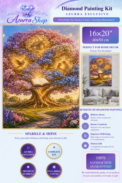 The Tree of Wishes Azurra Exclusive 5D diamond painting kit detail and 16X20 size guide