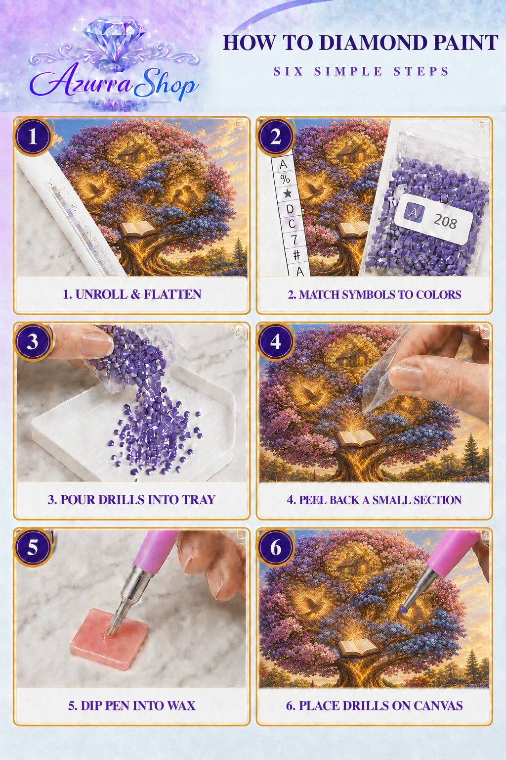 Diamond painting steps for The Tree of Wishes Azurra Exclusive 5D kit
