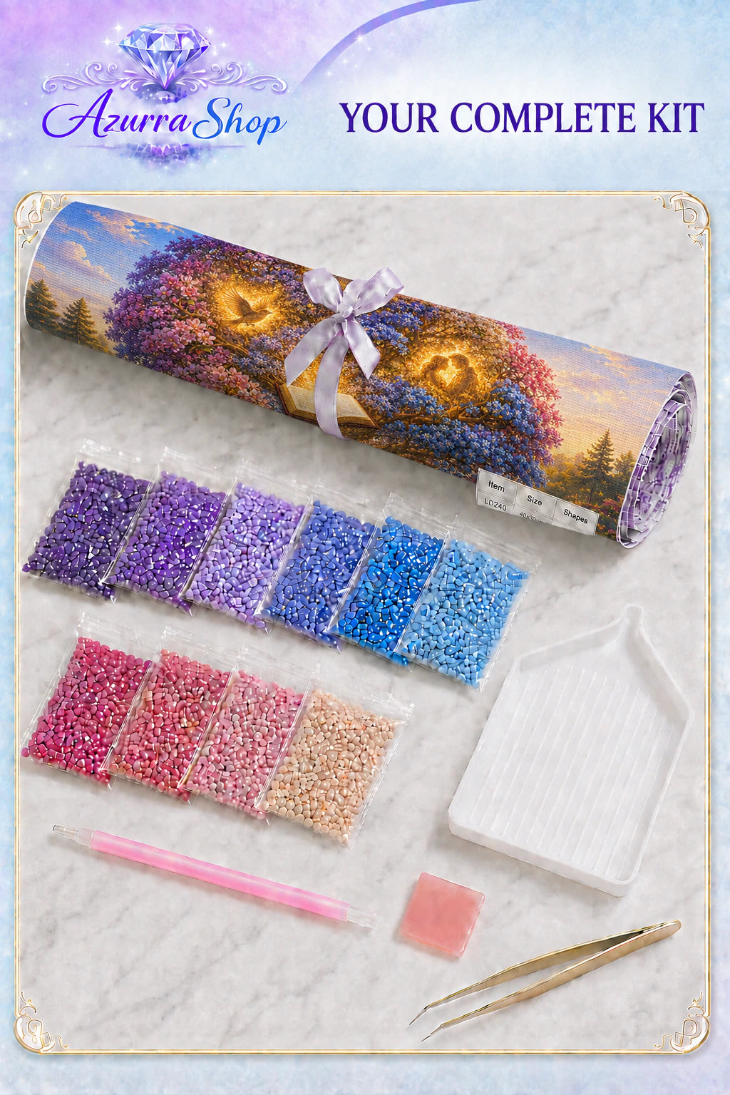 Supplies included with The Tree of Wishes Azurra Exclusive 5D diamond painting kit