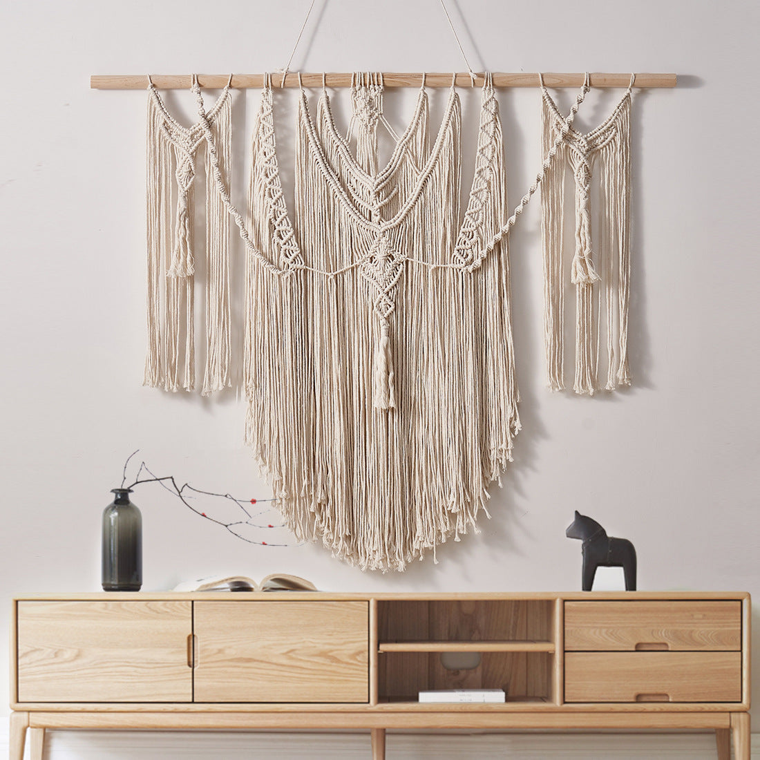 Bohemian Tassel Tapestry Nordic Wall Hanging — white cotton, 3-piece tassel pendant set, boho nordic style — Azurra Shop
