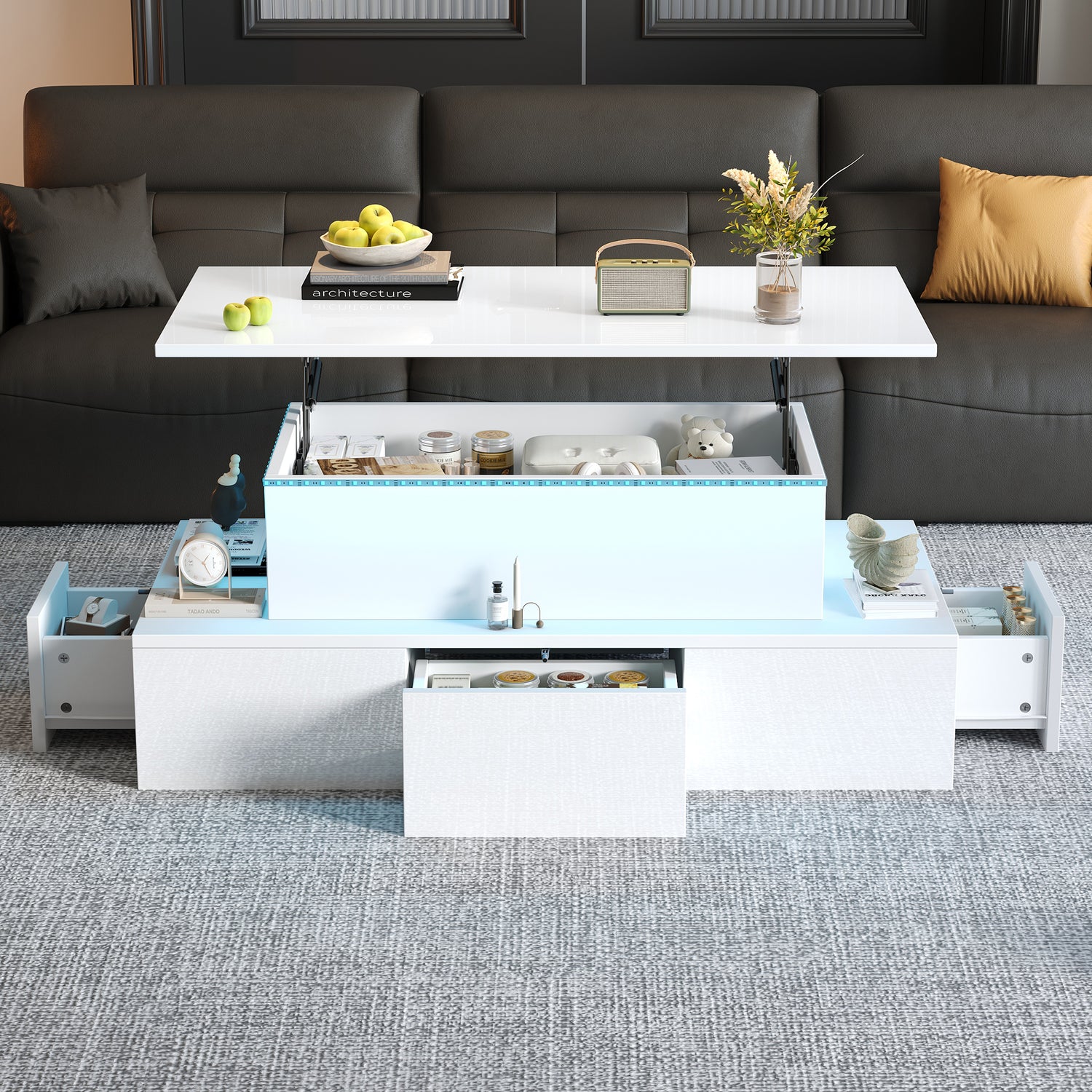 Lift-Top Coffee Table with LED Lights &amp; 4 Drawers — White