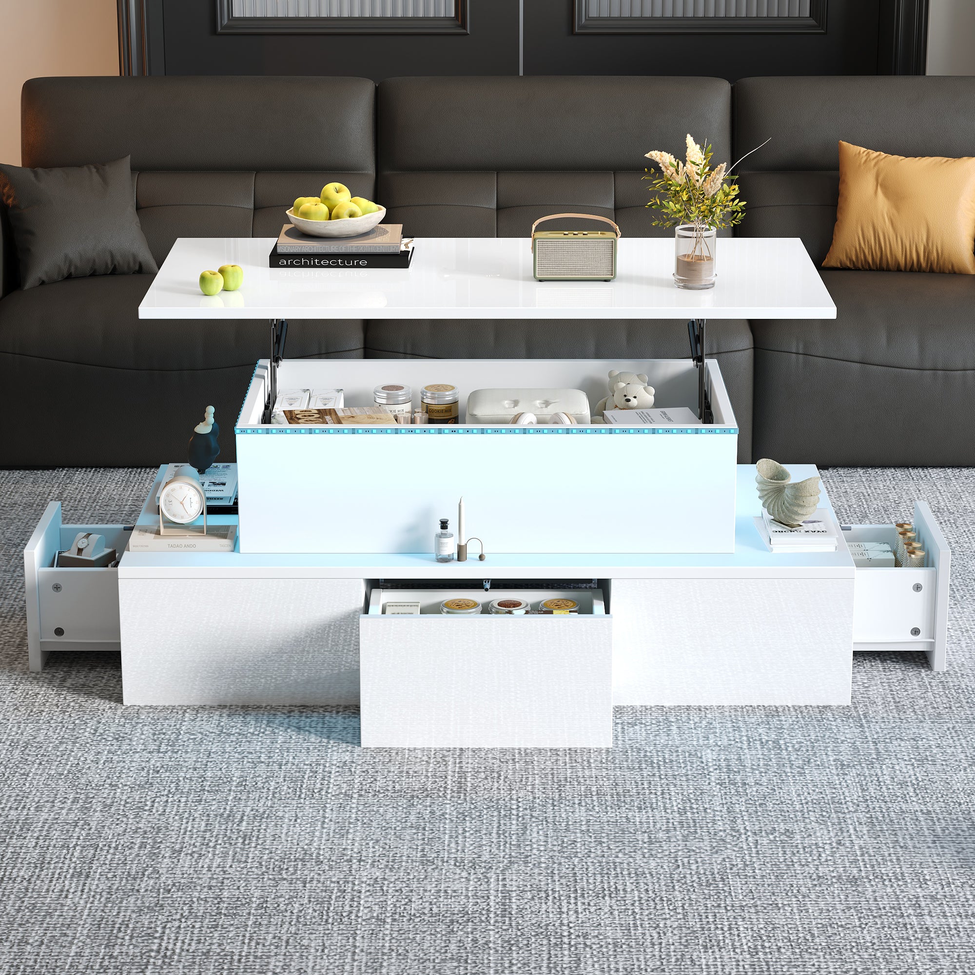Lift-Top Coffee Table with LED Lights &amp; 4 Drawers — White