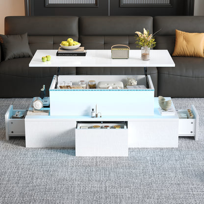 Lift-Top Coffee Table with LED Lights &amp; 4 Drawers — White