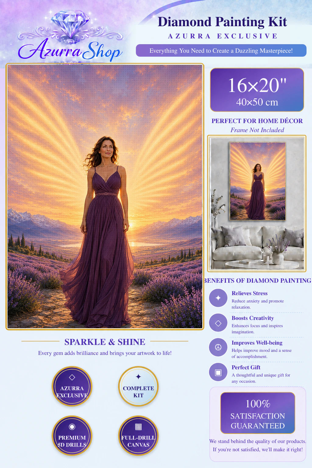 Morning Reveals Her Wings Azurra Exclusive 5D diamond painting kit detail and 16X20 size guide