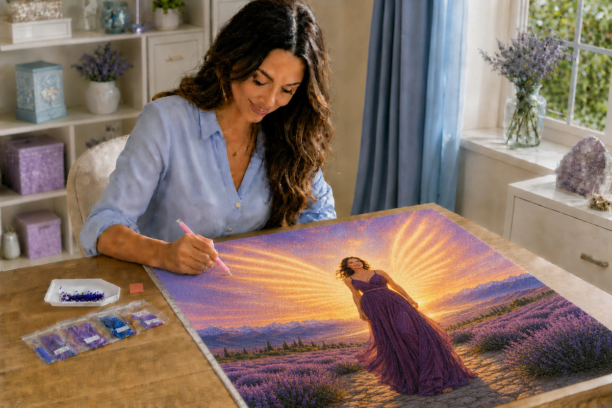 Morning Reveals Her Wings Azurra Exclusive 5D diamond painting kit in a cozy creative workspace