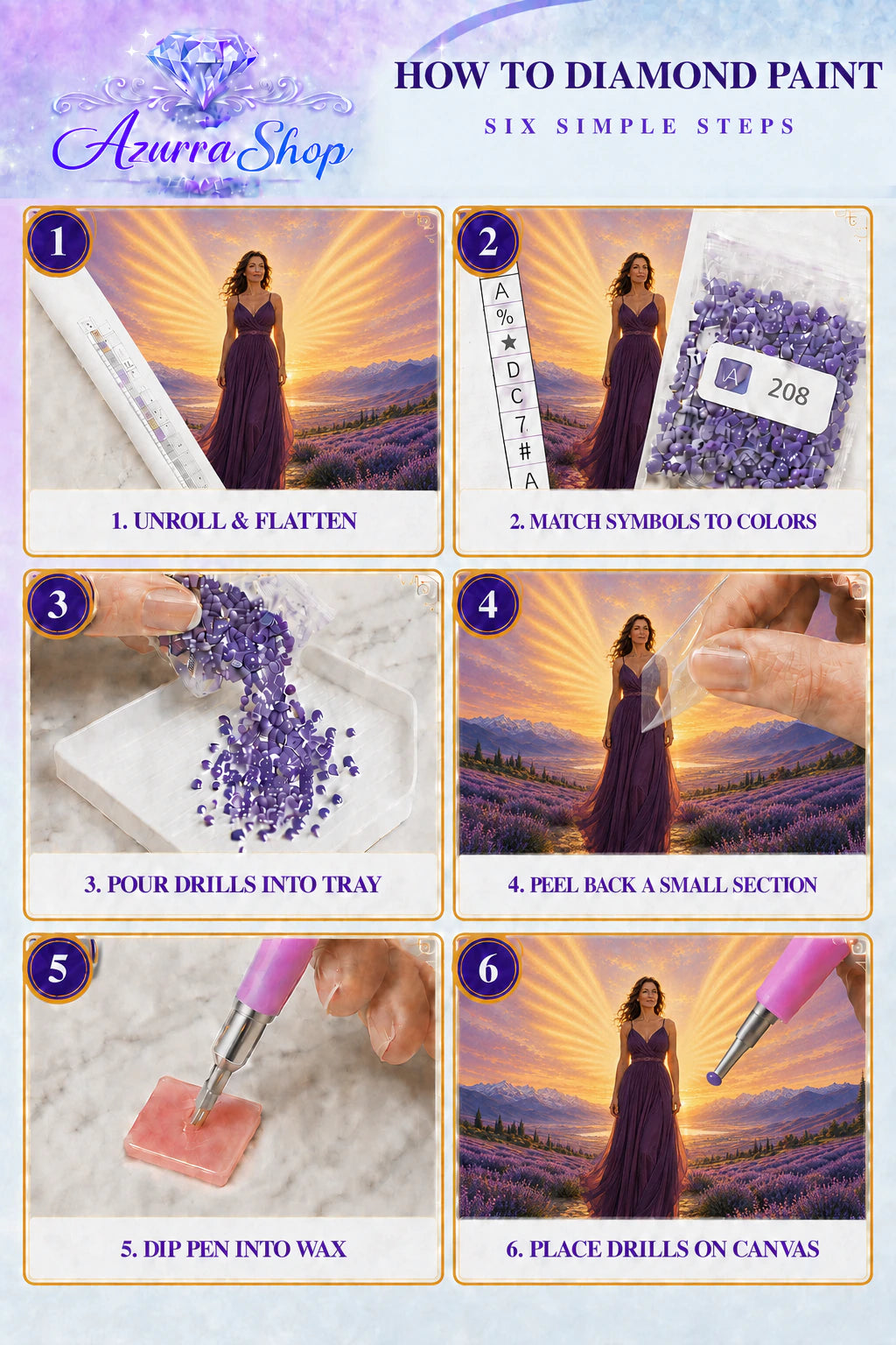 Diamond painting steps for Morning Reveals Her Wings Azurra Exclusive 5D kit