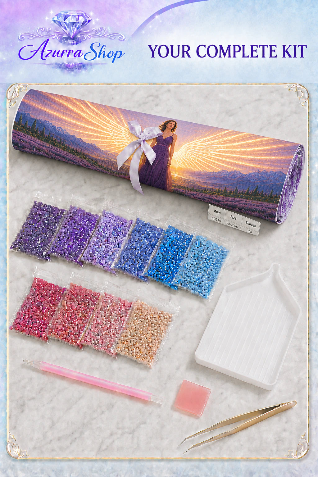 Supplies included with Morning Reveals Her Wings Azurra Exclusive 5D diamond painting kit