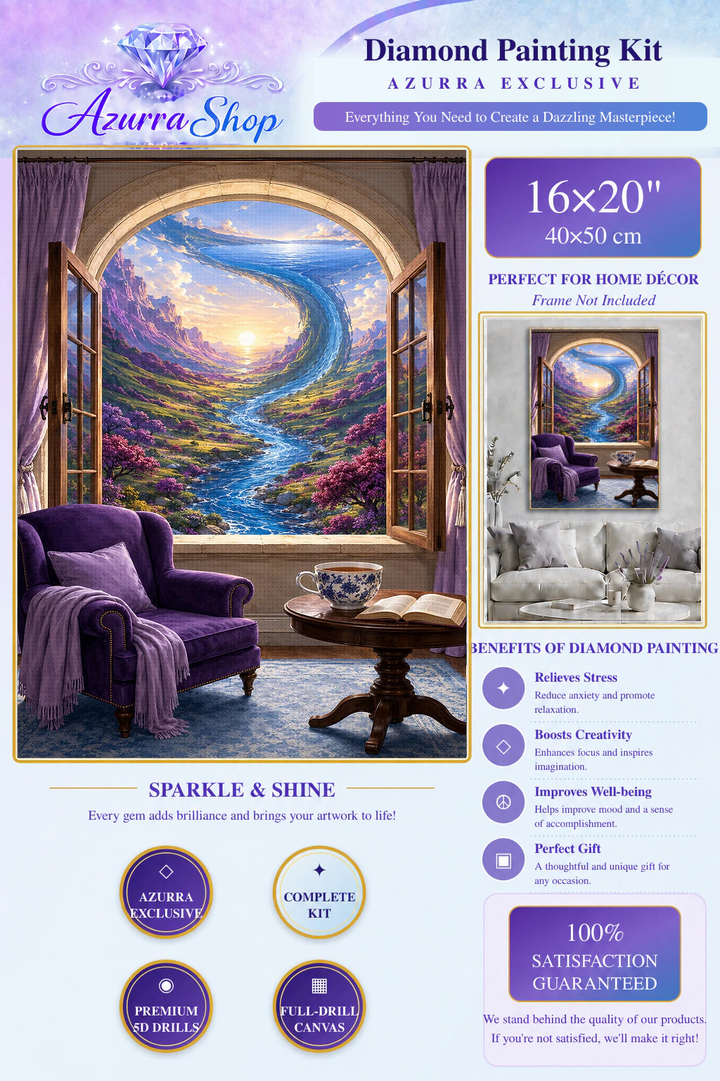 The World Inside the Window Azurra Exclusive 5D diamond painting kit detail and 16X20 size guide