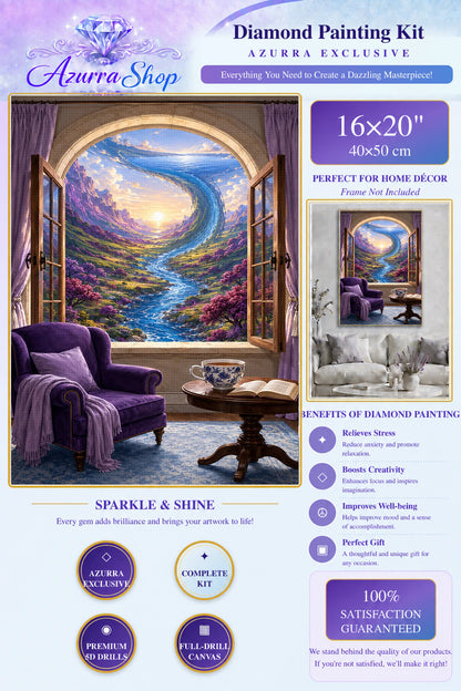 The World Inside the Window Azurra Exclusive 5D diamond painting kit detail and 16X20 size guide