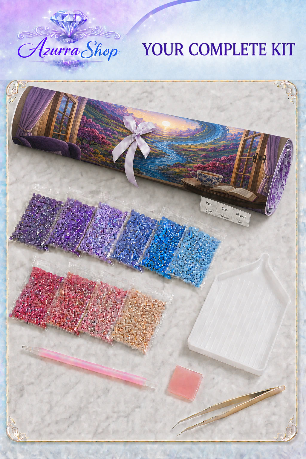 Supplies included with The World Inside the Window Azurra Exclusive 5D diamond painting kit
