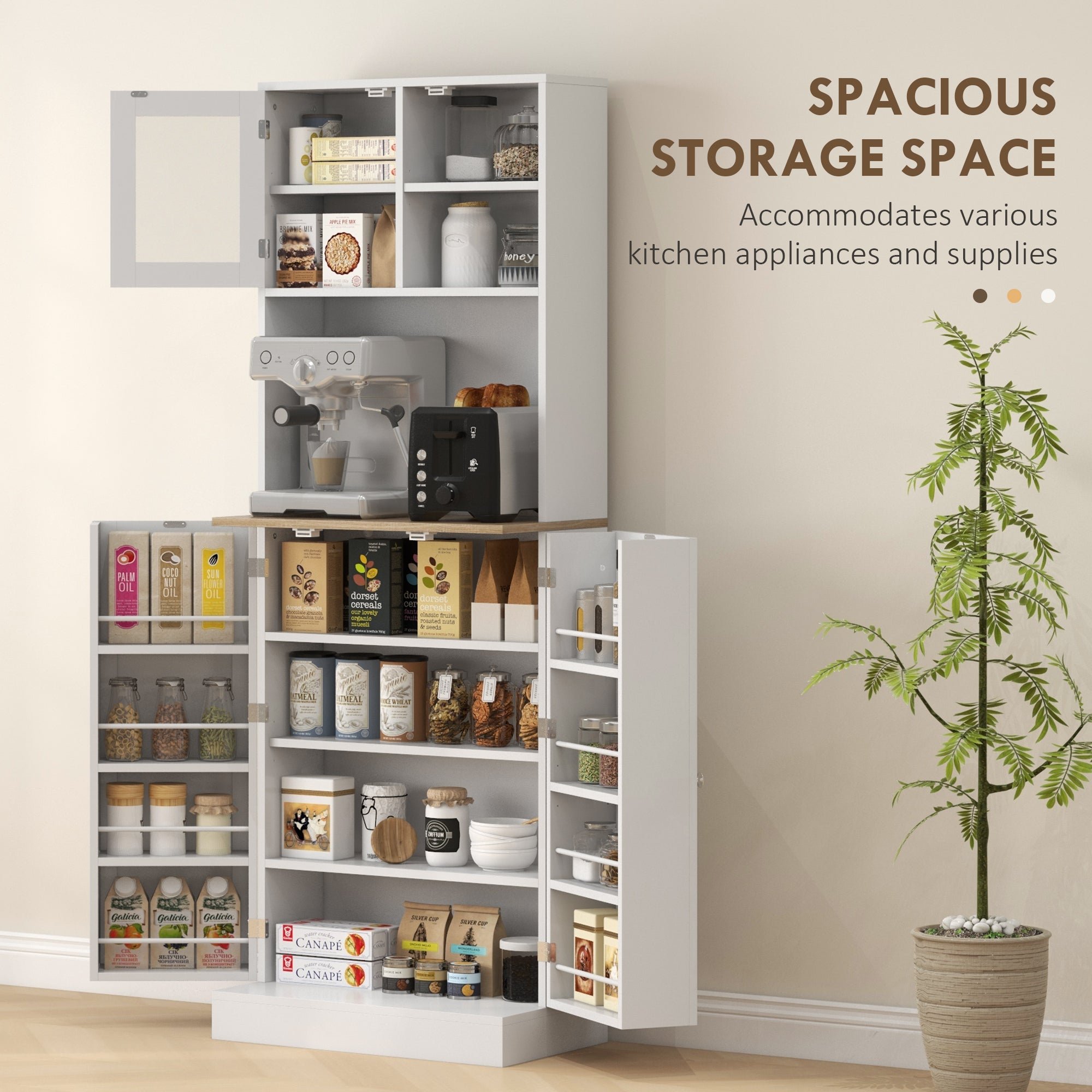 66.5" White Kitchen Pantry Cabinet with Glass Doors