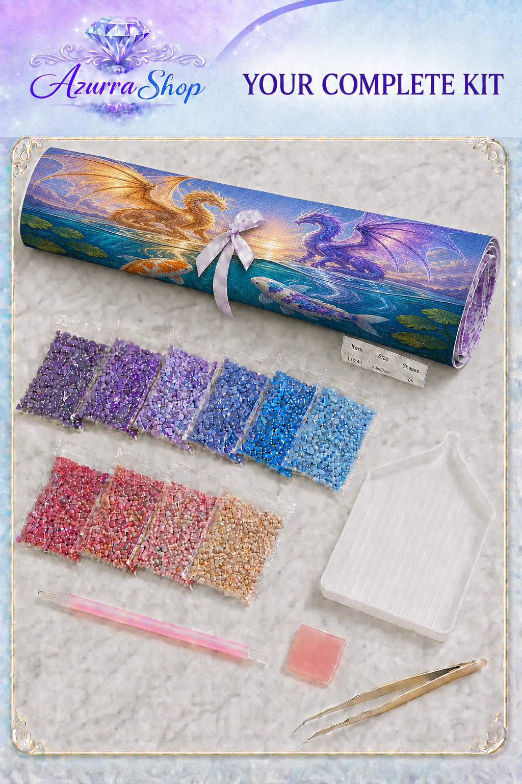 Supplies included with The Light Beneath the Surface Azurra Exclusive 5D diamond painting kit