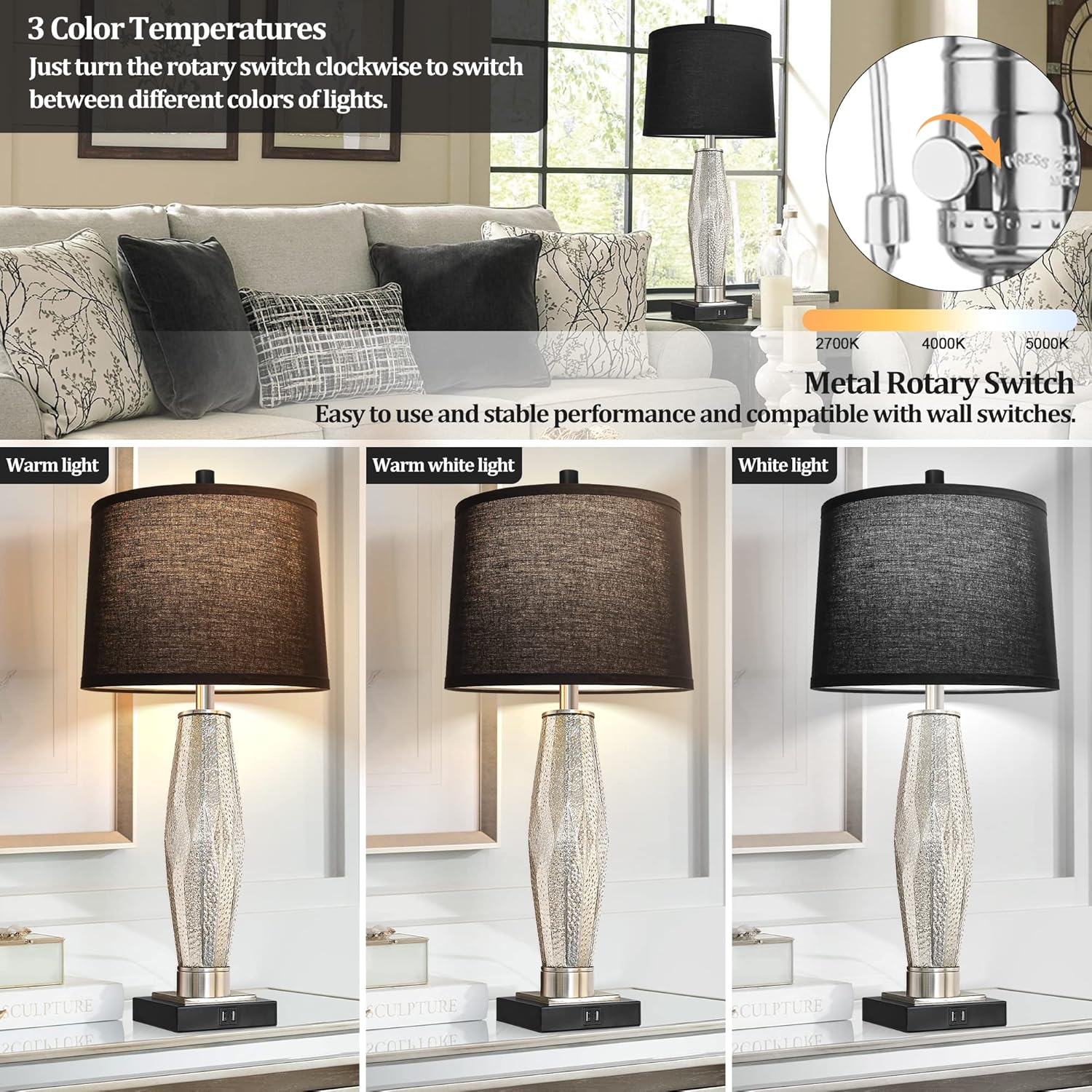 Table Lamps Set of 2 with USB A+C Charging Ports