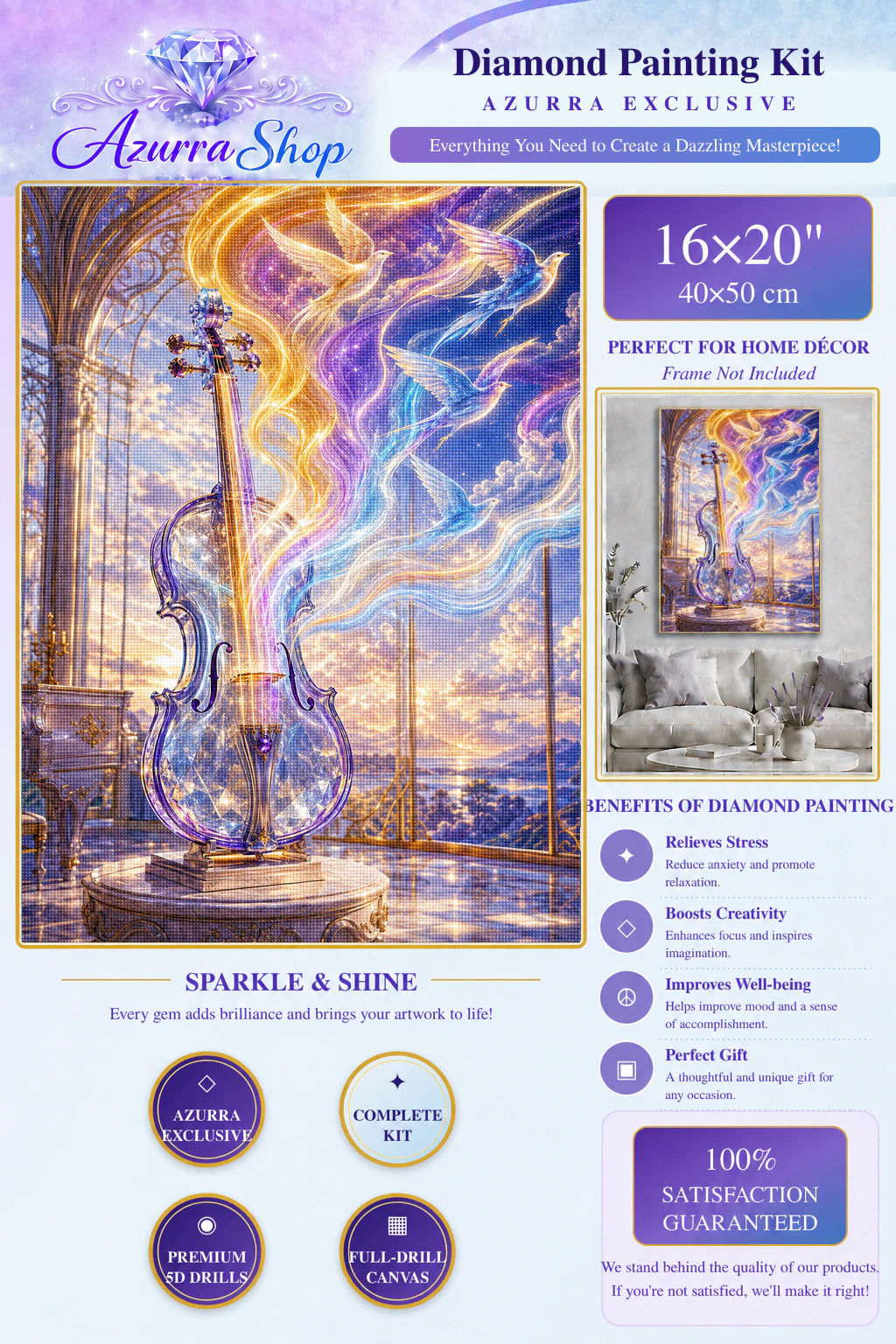 The Song Inside the Glass Azurra Exclusive 5D diamond painting kit detail and 16X20 size guide