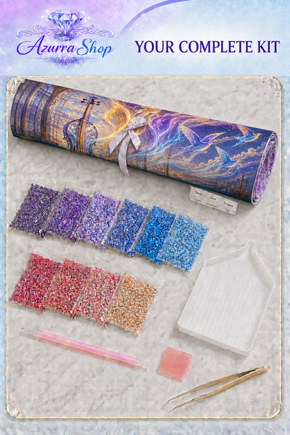 Supplies included with The Song Inside the Glass Azurra Exclusive 5D diamond painting kit
