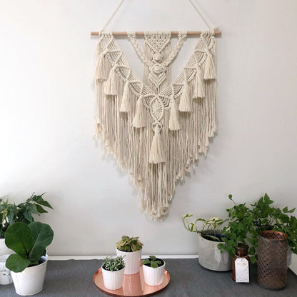 Hand-woven Macrame Wall Hanging Tapestry — beige cotton, 22x28", bohemian minimalist boho decor — Azurra Shop