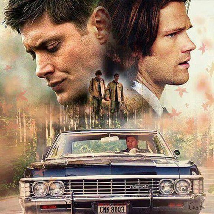 Supernatural Sam and Dean Winchester diamond painting with the Impala – 12x12" to 32x32" round or square drill TV show wall art by Azurra Shop