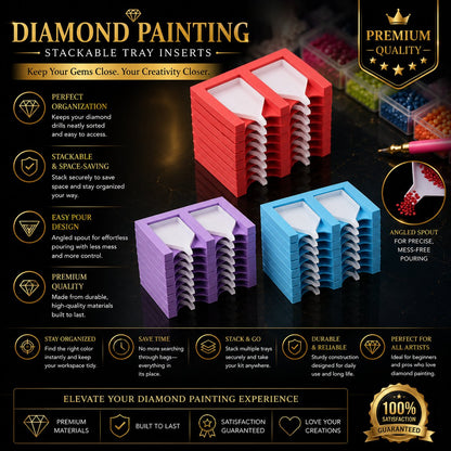 Stacked diamond painting tray organizers in red, purple, and blue