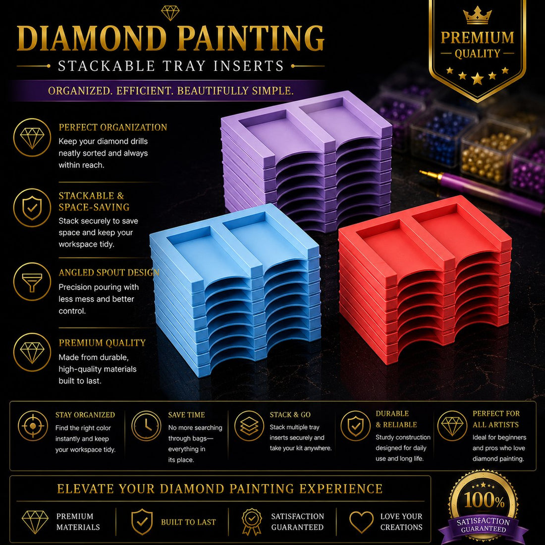 Empty purple diamond painting tray organizer with two spouted trays on top