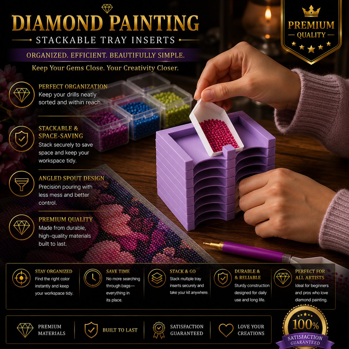 Filling a tray organizer slot with diamonds by hand