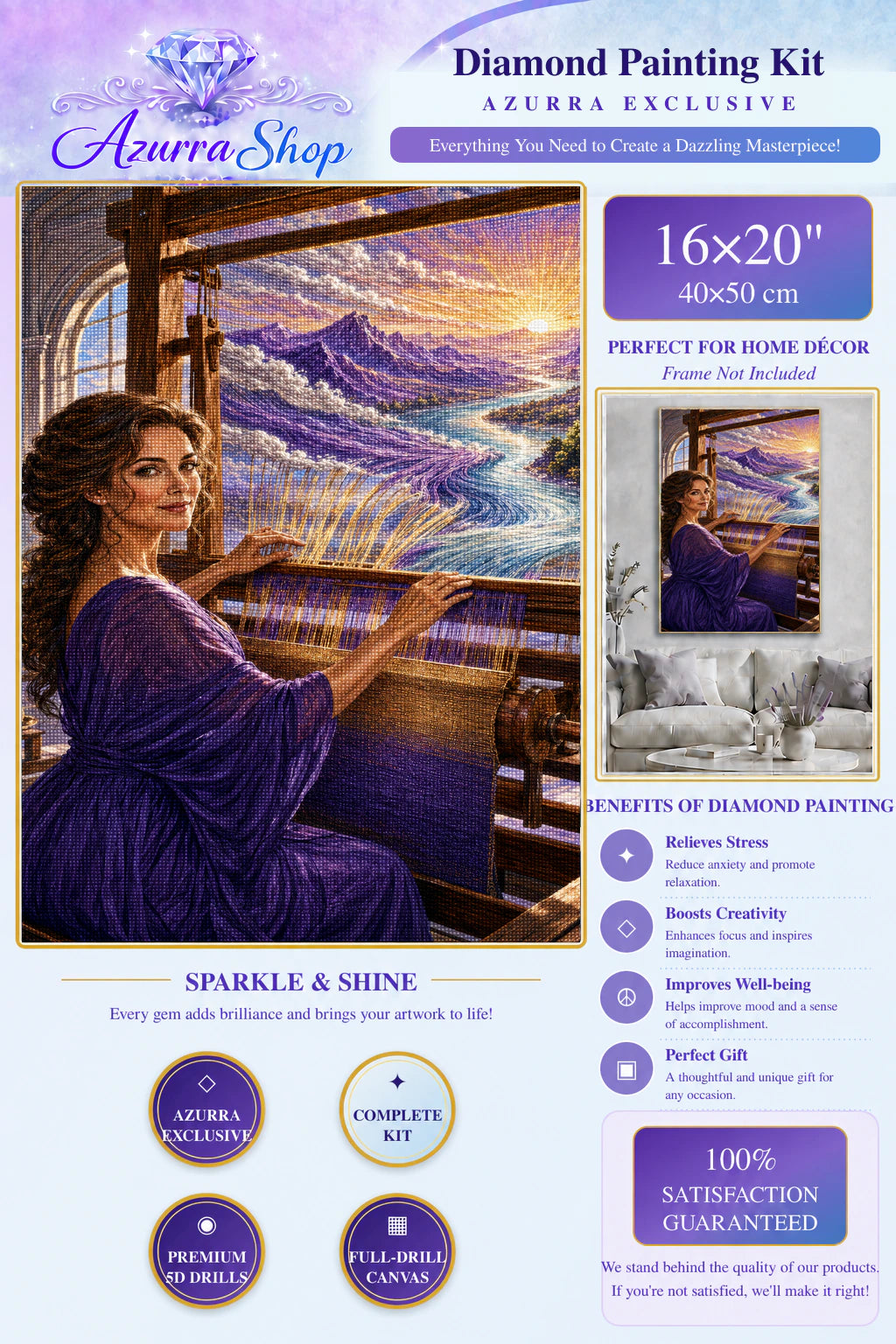 The Sunrise She Was Weaving Azurra Exclusive 5D diamond painting kit detail and 16X20 size guide