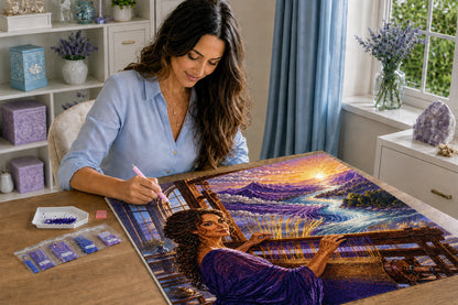 The Sunrise She Was Weaving Azurra Exclusive 5D diamond painting kit in a cozy creative workspace