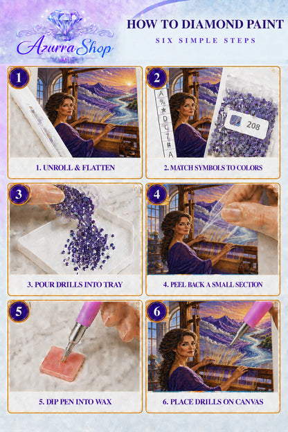 Diamond painting steps for The Sunrise She Was Weaving Azurra Exclusive 5D kit