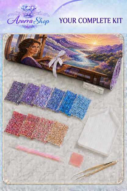 Supplies included with The Sunrise She Was Weaving Azurra Exclusive 5D diamond painting kit