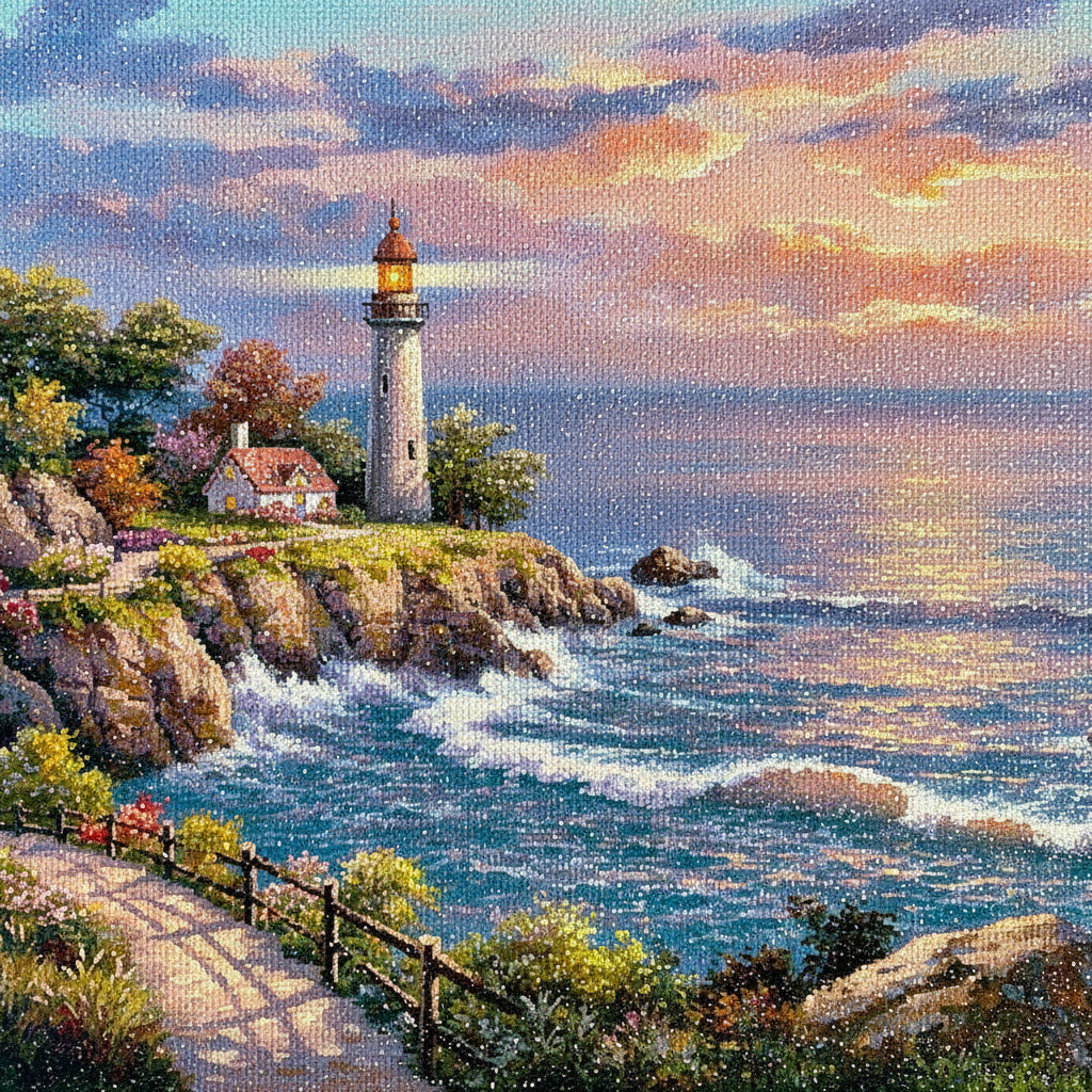 Sunset ocean rocky coastal lighthouse diamond painting kit – cliffside cottage with crashing waves and autumn trees
