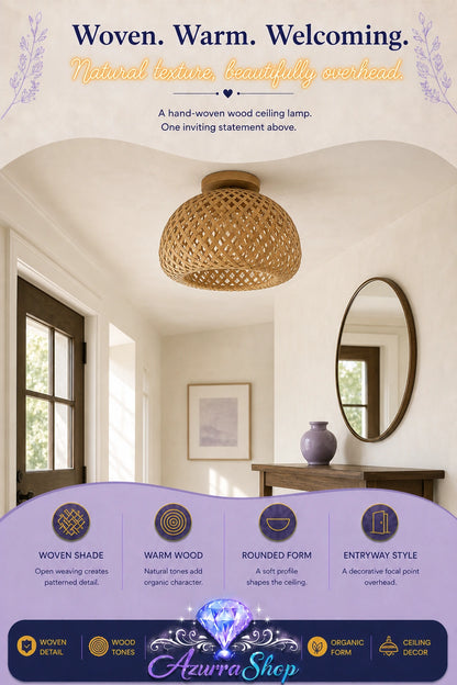 Woven wood ceiling lamp shade, no bulb, hanging in a bright modern hallway with a round mirror and side table