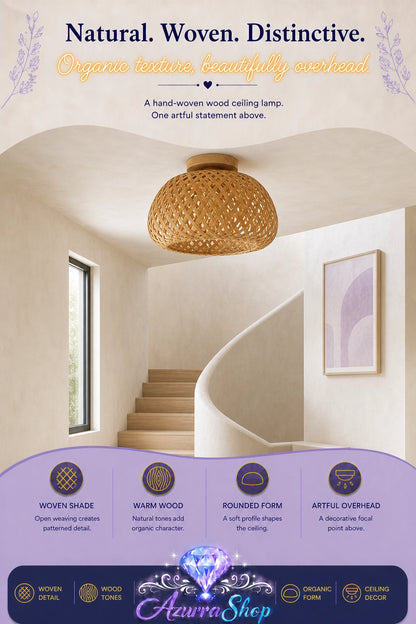 Overhead view of a woven wood ceiling lamp with tan shade and dark wood base, hanging above a modern spiral staircase