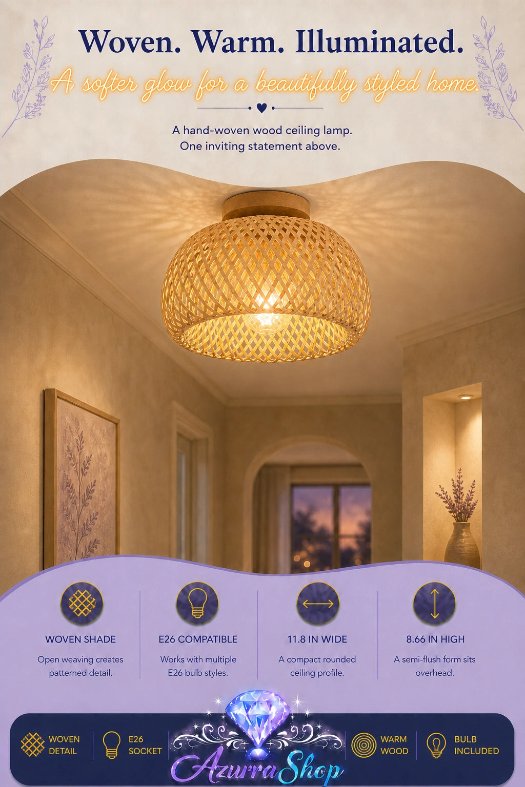 Woven wood ceiling lamp with bulb lit, glowing warmly in a hallway, shown with an E26 bulb compatibility callout graphic