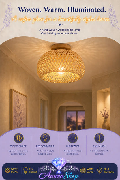Woven wood ceiling lamp with bulb lit, glowing warmly in a hallway, shown with an E26 bulb compatibility callout graphic