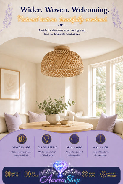 Wide woven wood ceiling lamp, no bulb, hanging over a round dining table in a bright living room with pink accent pillows