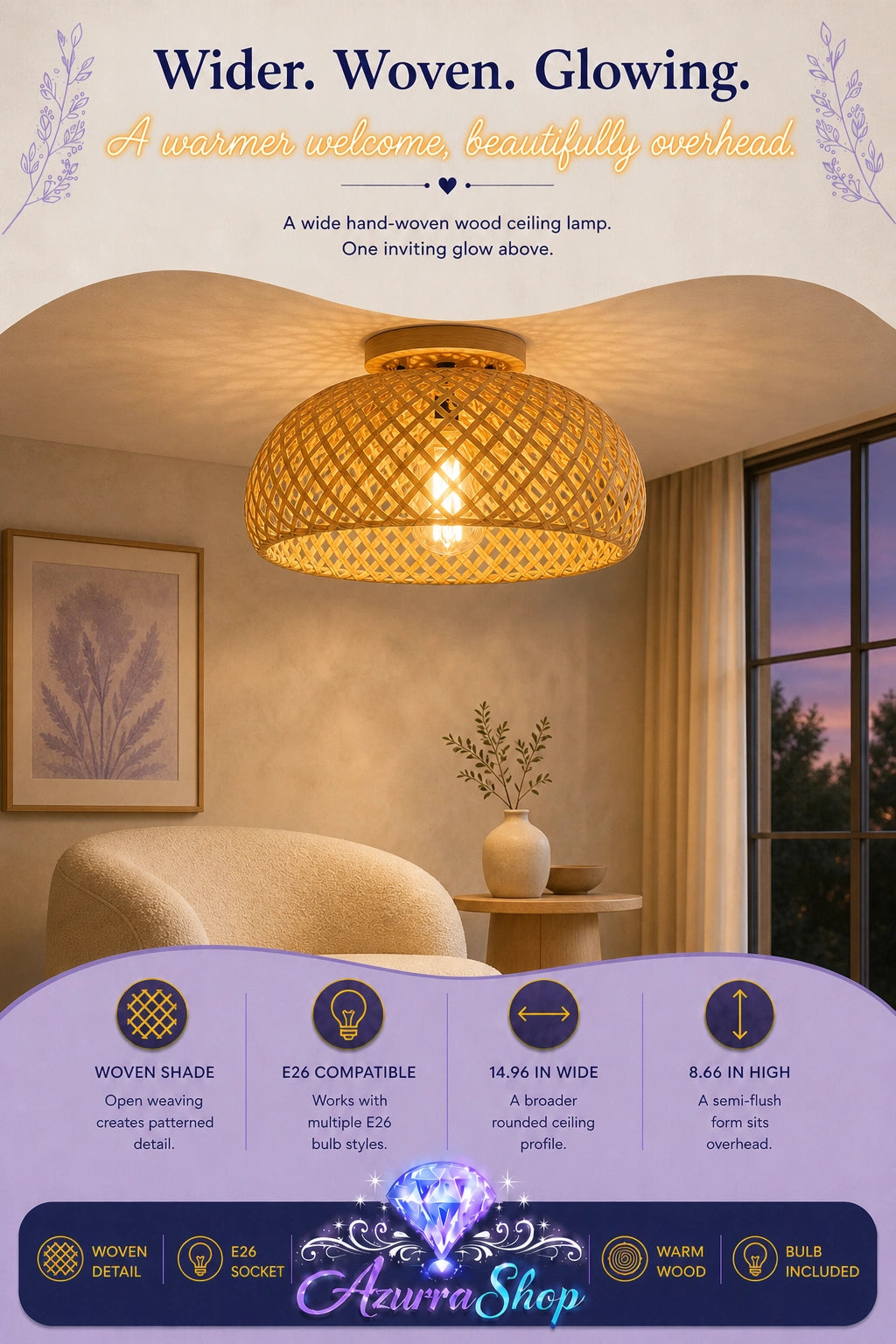 Wide woven wood ceiling lamp with bulb lit, glowing warmly in a cozy living room corner with an armchair by a window