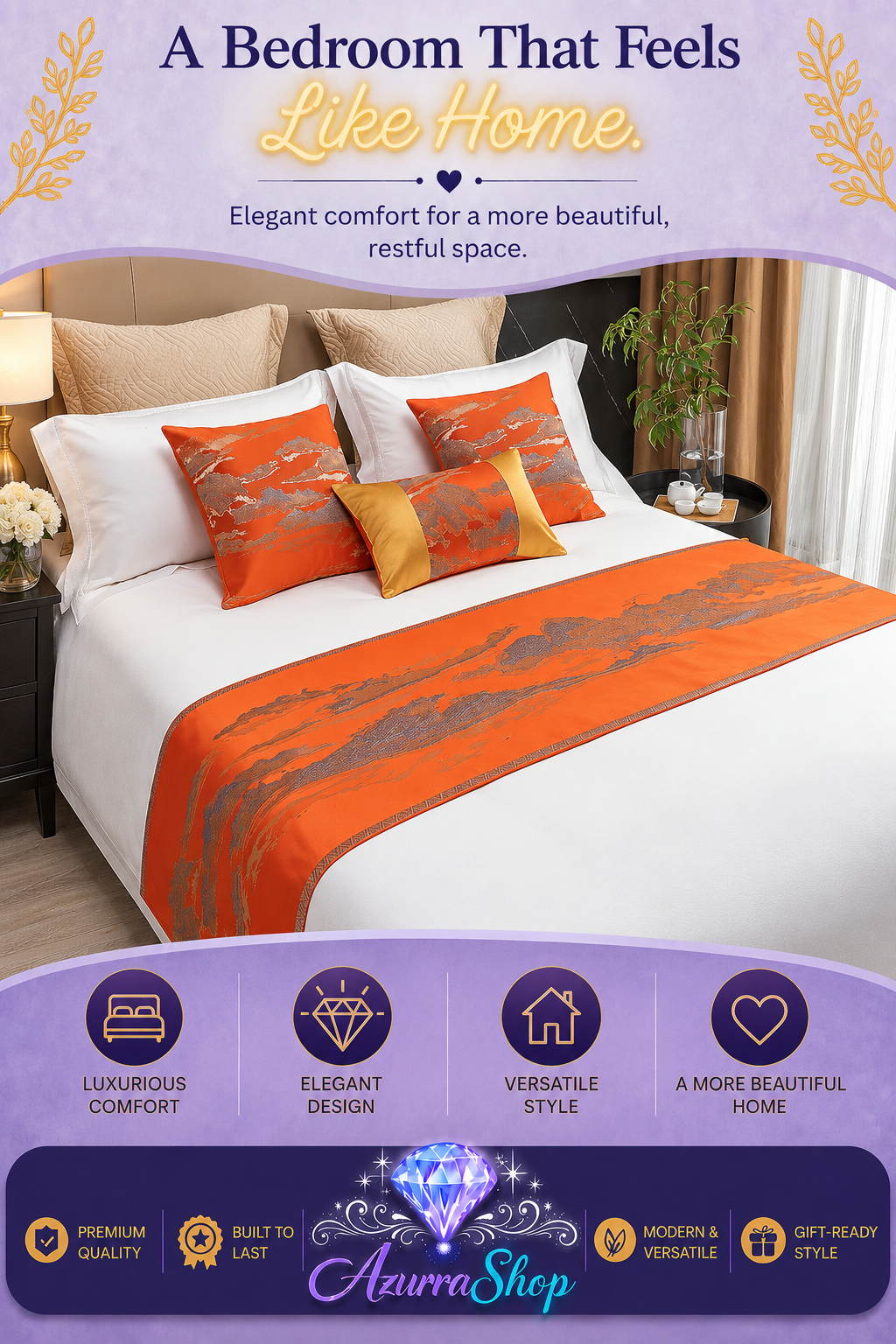 Chinese Landscape Style Bed Runner &amp; Pillow Set