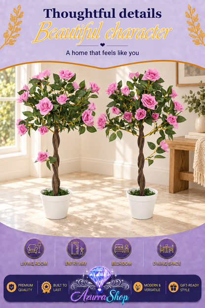 Set of 2 Artificial Rose Floral Trees in Pot — 35" Tall