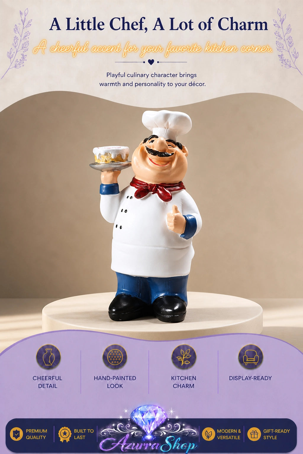 Hand-painted resin chef figurine (style A), holding a plate of cake, wearing a white coat, hat, and red bow tie, on a display pedestal