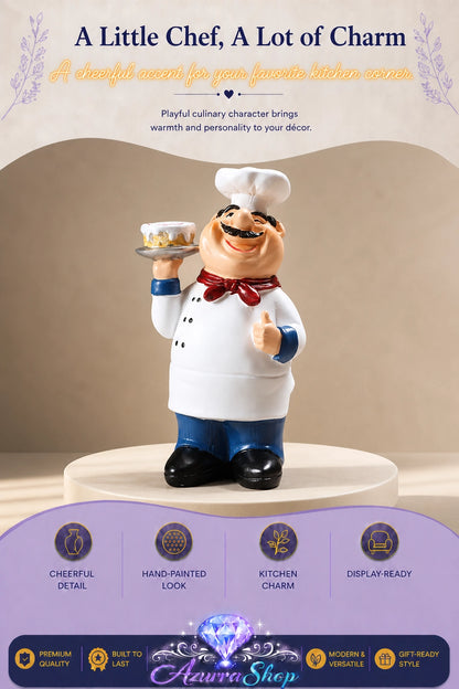 Hand-painted resin chef figurine (style A), holding a plate of cake, wearing a white coat, hat, and red bow tie, on a display pedestal