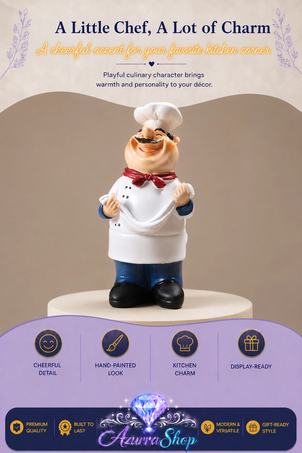 Hand-painted resin chef figurine (style B), holding a bowl of ramen, wearing a white coat, hat, and red bow tie, on a display pedestal