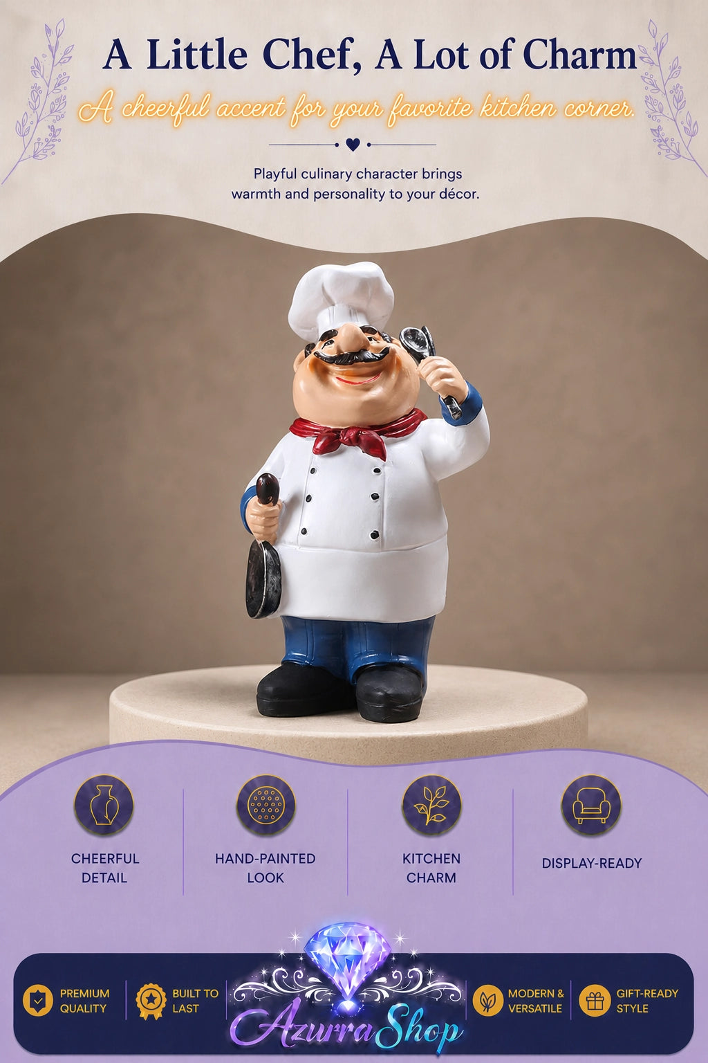 Hand-painted resin chef figurine (style C), holding a spoon and pot lid, wearing sunglasses, white coat, and hat, on a display pedestal
